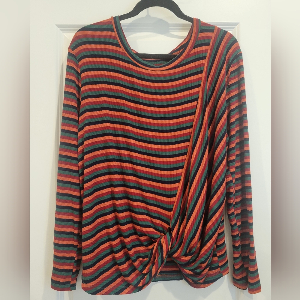 Umgee Women's Sz Large Ribbed Knot Tie  Striped Front Long Sleeve Top Shirt
